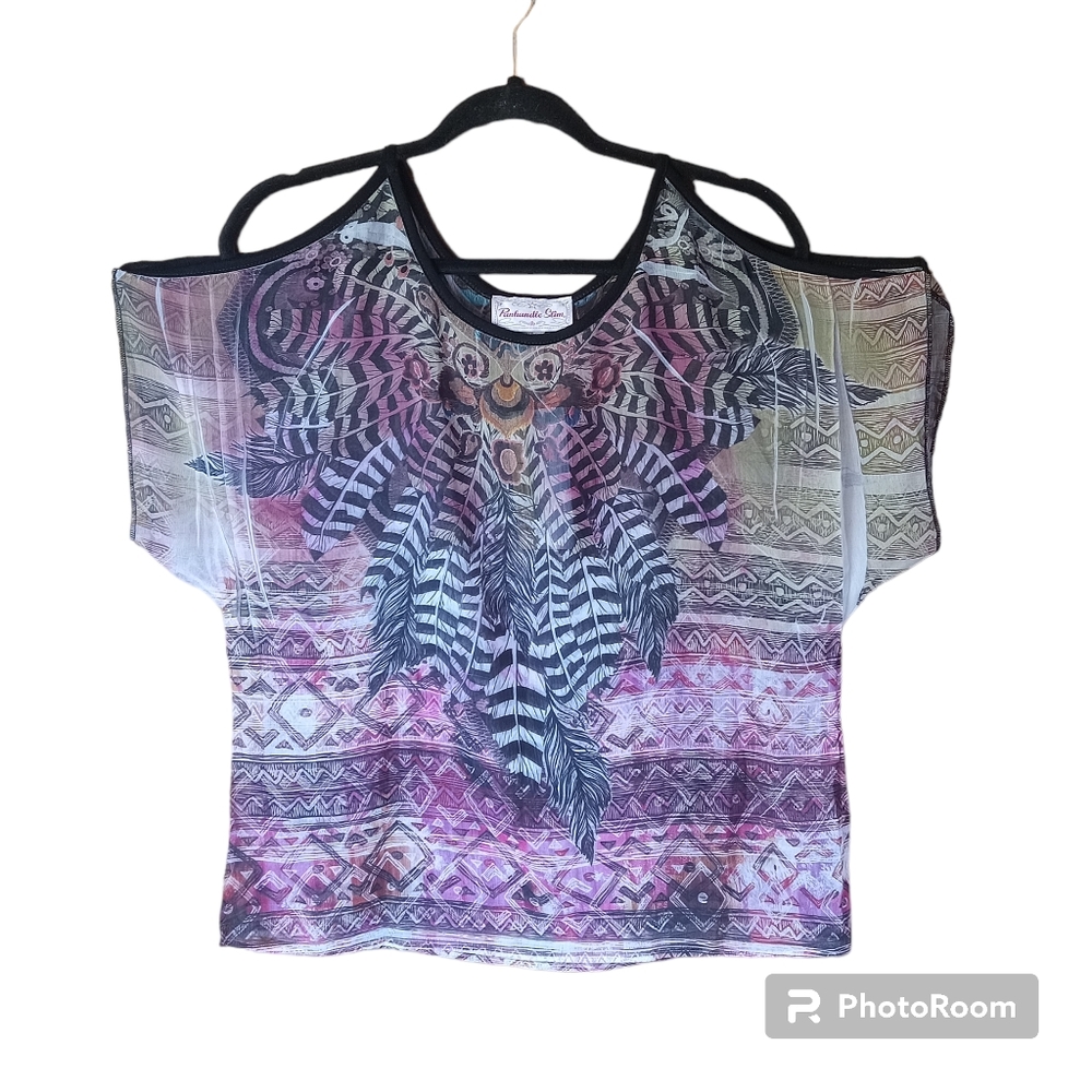 NWT Panhandle Slim Medium Cold Shoulder Blouse NWT Feather Print Shear.